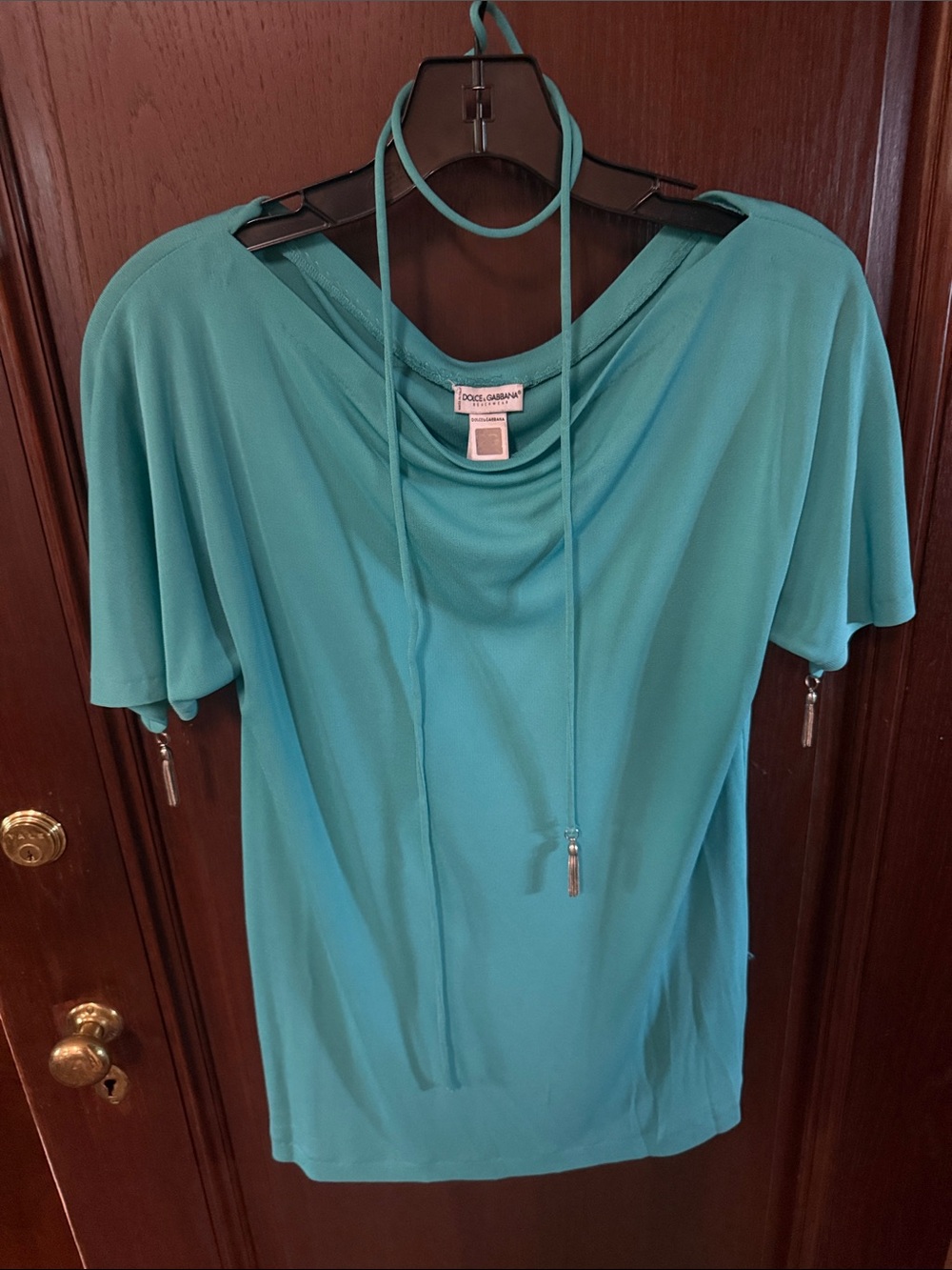 Dolce & Gabbana Teal Short-Sleeve Draped Neck Top with Cord Ties